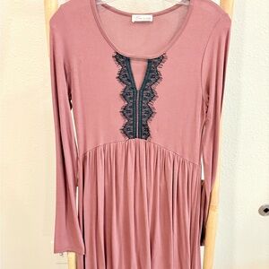 Roolee Pink Long Sleeve Scoop Neck Midi Sundress
